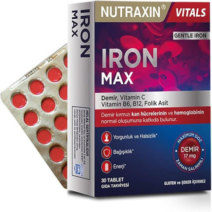 Nutraxin Iron Max 17 Mg 30 Tablet - Demir, C Vitamini, B6 Vitamini, Folik Asit, B12