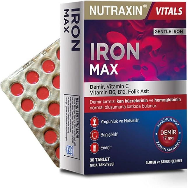 Nutraxin Iron Max 17 Mg 30 Tablet - Demir, C Vitamini, B6 Vitamini, Folik Asit, B12